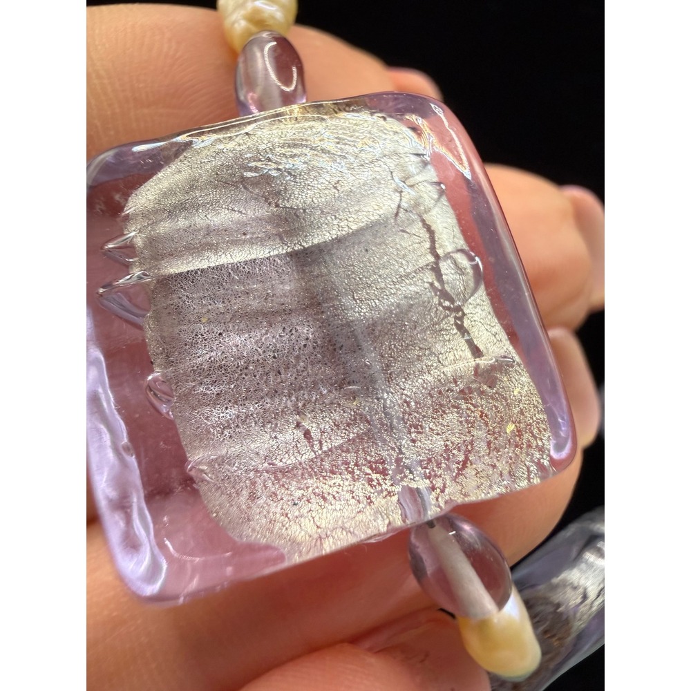 Artisan Venetian Glass Silver Foil Square Bead & Freshwater Pearl Necklace 19" - Picture 9 of 15